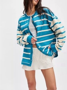 Free people xs classic striped cardigan sweatshirt button down oversized